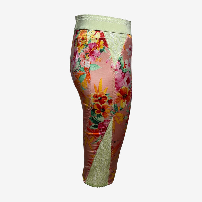 D&G S/S 2005 Peach Tropical Floral Panelled Lace-Insert Pencil Skirt