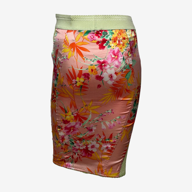 D&G S/S 2005 Peach Tropical Floral Panelled Lace-Insert Pencil Skirt