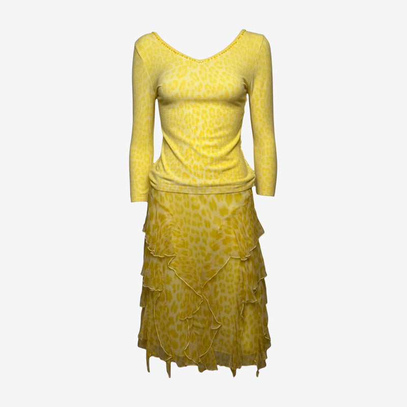 Blumarine S/S 2004 Yellow Leopard-Print Knit Top And Tiered Ruffle Skirt Ensemble