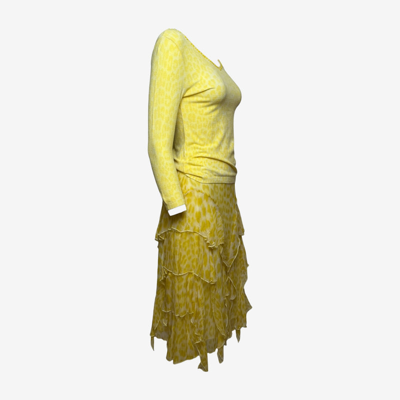 Blumarine S/S 2004 Yellow Leopard-Print Knit Top And Tiered Ruffle Skirt Ensemble
