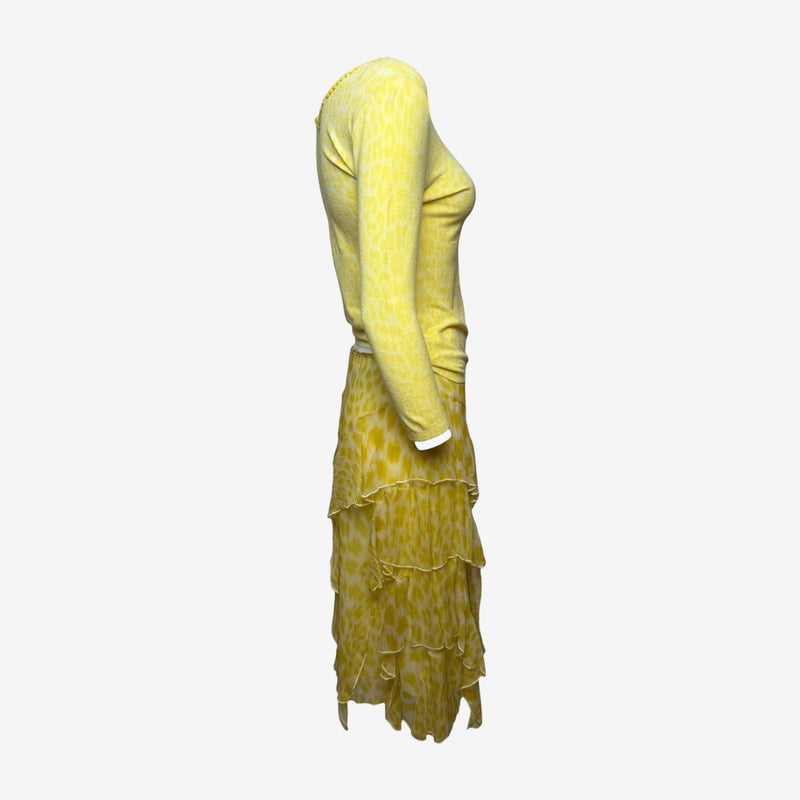 Blumarine S/S 2004 Yellow Leopard-Print Knit Top And Tiered Ruffle Skirt Ensemble