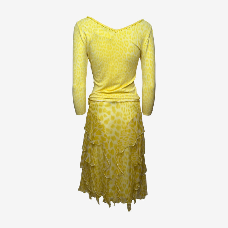 Blumarine S/S 2004 Yellow Leopard-Print Knit Top And Tiered Ruffle Skirt Ensemble