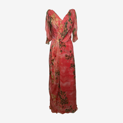 Alberta Ferretti 2000s Coral Floral-Print Draped Maxi Gown