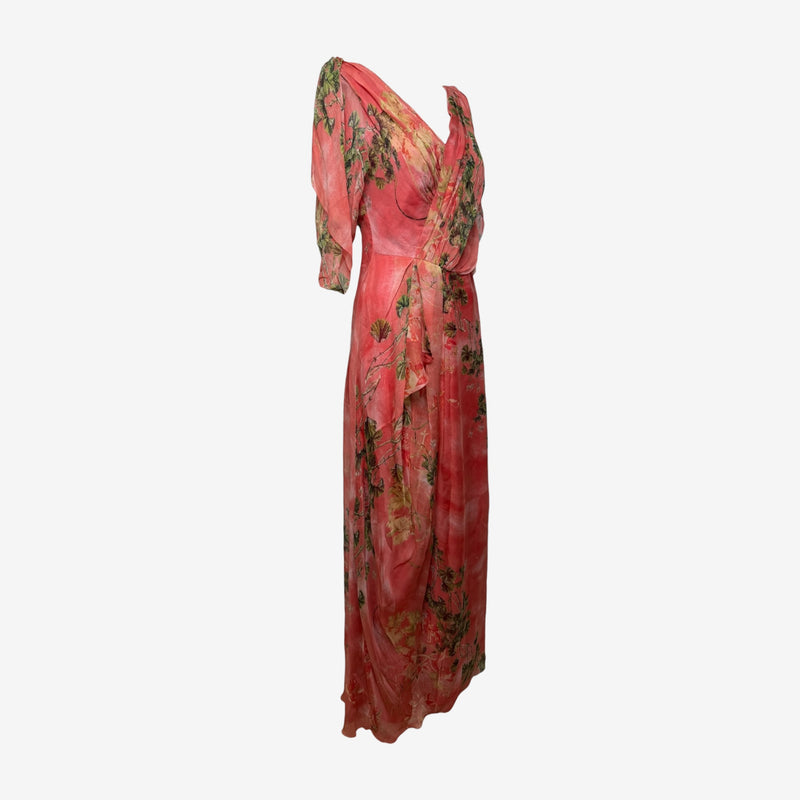 Alberta Ferretti 2000s Coral Floral-Print Draped Maxi Gown