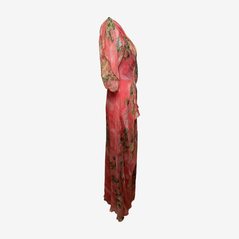 Alberta Ferretti 2000s Coral Floral-Print Draped Maxi Gown