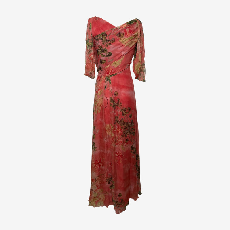 Alberta Ferretti 2000s Coral Floral-Print Draped Maxi Gown
