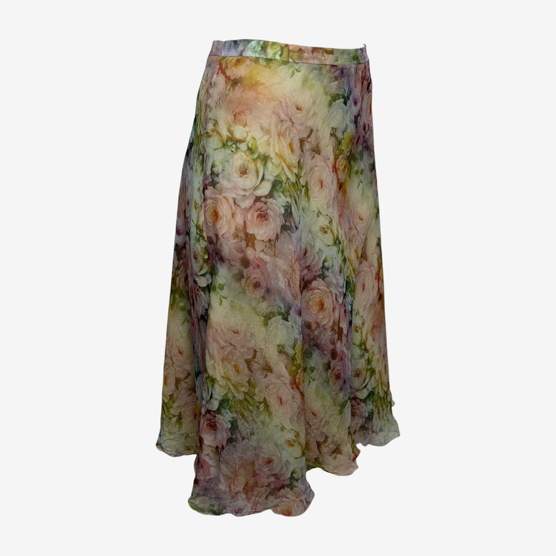 Valentino 2000s Watercolour Rose-Print Silk Bias-Cut Midi Skirt