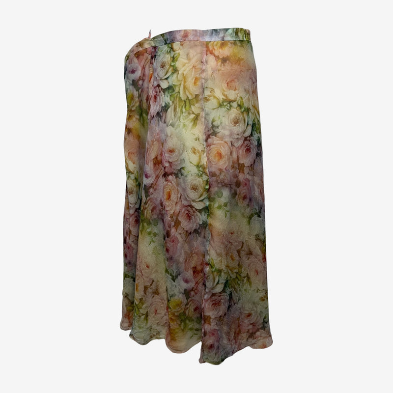 Valentino 2000s Watercolour Rose-Print Silk Bias-Cut Midi Skirt