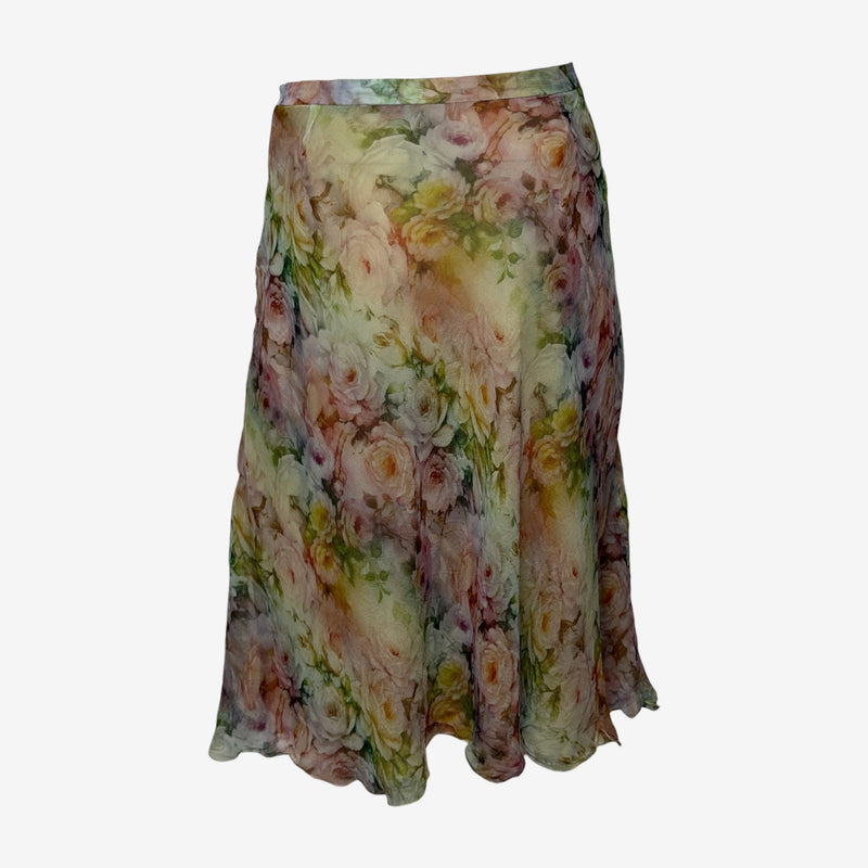 Valentino 2000s Watercolour Rose-Print Silk Bias-Cut Midi Skirt