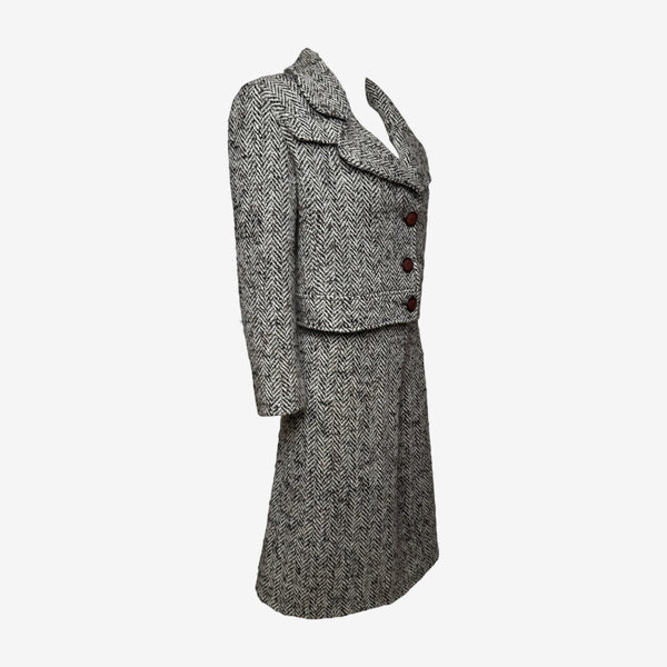 Valentino F/W 1996 Black And Ivory Herringbone Skirt Suit