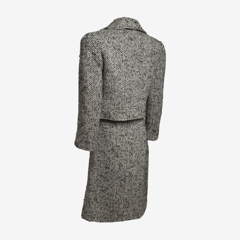 Valentino F/W 1996 Black And Ivory Herringbone Skirt Suit