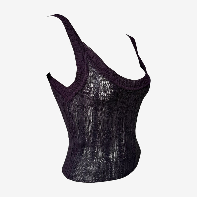 Christian Dior by John Galliano S/S 1999 Aubergine Cable-Knit Semi-Sheer Tank Top