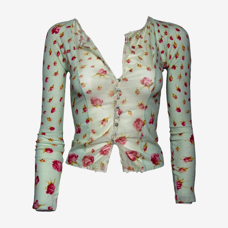Blumarine S/S 2004 Mint Rose-Print Lace-Trimmed Cardigan