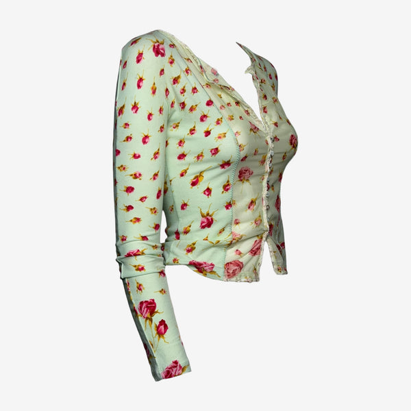 Blumarine S/S 2004 Mint Rose-Print Lace-Trimmed Cardigan