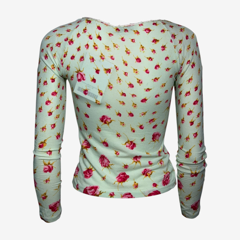 Blumarine S/S 2004 Mint Rose-Print Lace-Trimmed Cardigan