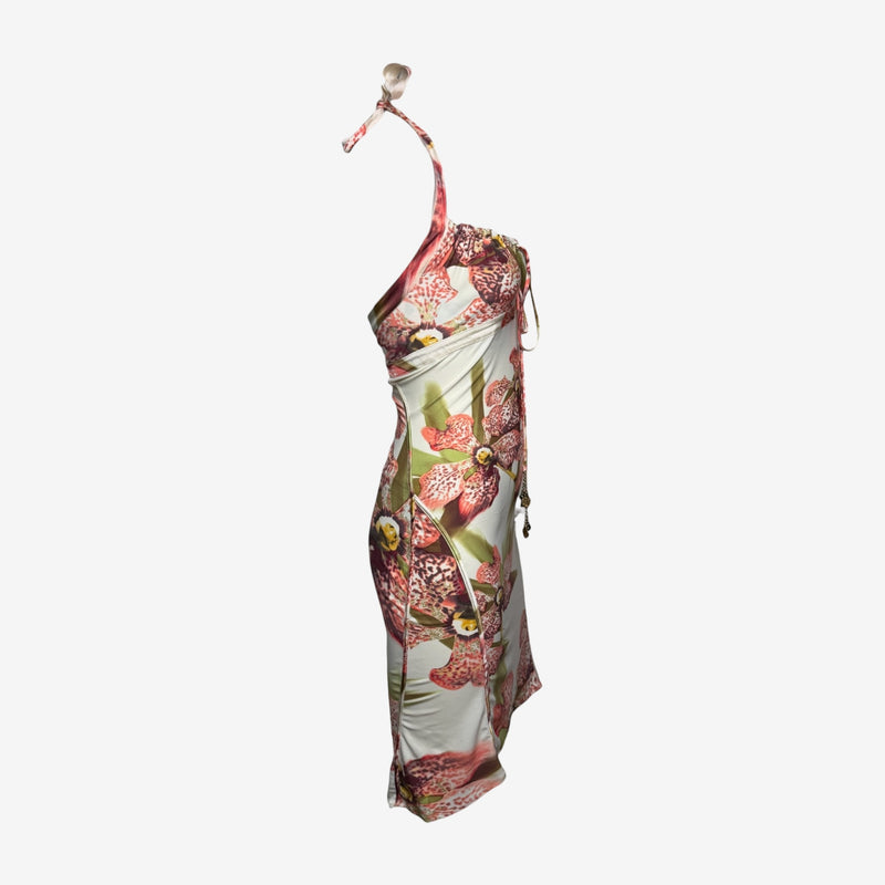 Roberto Cavalli S/S 2004 Ivory Orchid-Print Halterneck Mini Dress