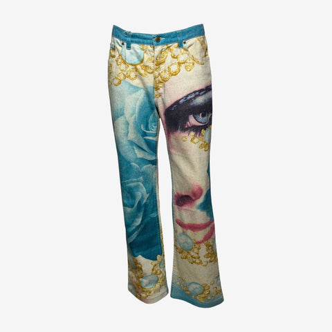 Roberto Cavalli S/S 2001 Turquoise & Cream Liz Eye Straight-Leg Denim Jeans