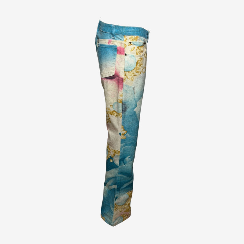 Roberto Cavalli S/S 2001 Turquoise & Cream Liz Eye Straight-Leg Denim Jeans