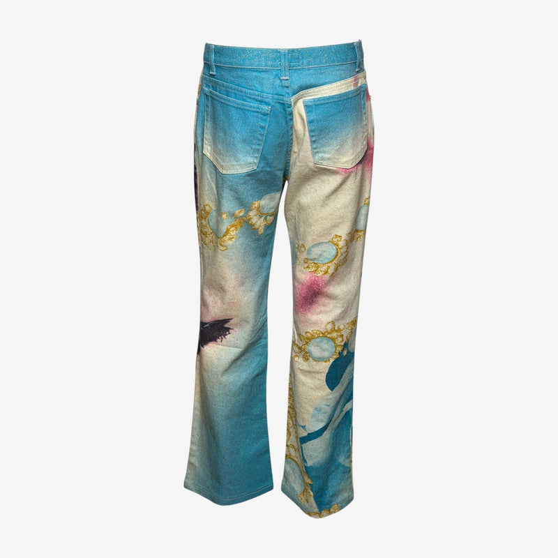 Roberto Cavalli S/S 2001 Turquoise & Cream Liz Eye Straight-Leg Denim Jeans
