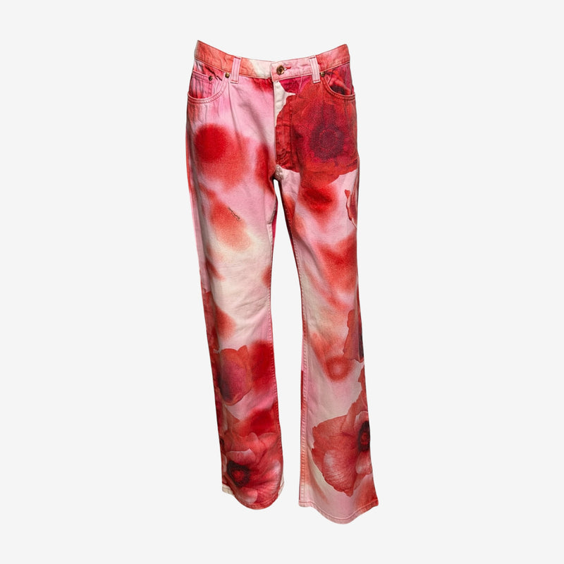 Roberto Cavalli S/S 2000 Red Floral-Print Straight-Leg Jeans