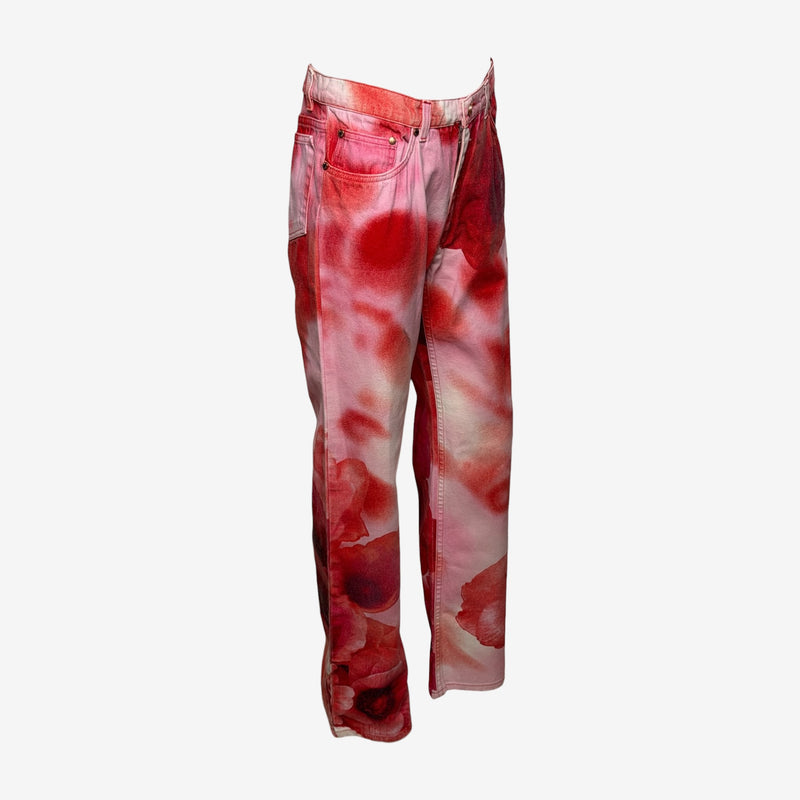 Roberto Cavalli S/S 2000 Red Floral-Print Straight-Leg Jeans