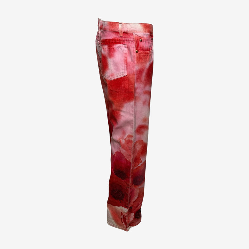 Roberto Cavalli S/S 2000 Red Floral-Print Straight-Leg Jeans