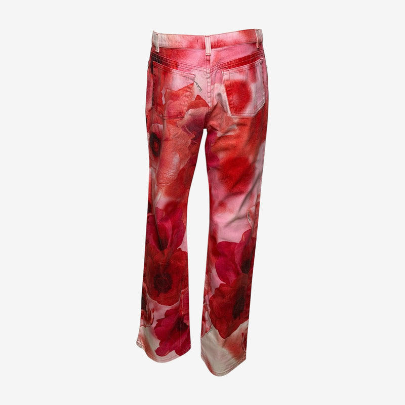 Roberto Cavalli S/S 2000 Red Floral-Print Straight-Leg Jeans
