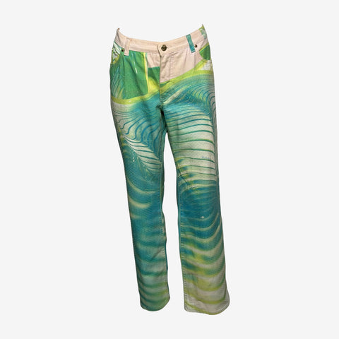 Roberto Cavalli S/S 2001 Teal And Lime Optical Illusion Print Straight-Leg Denim Jeans