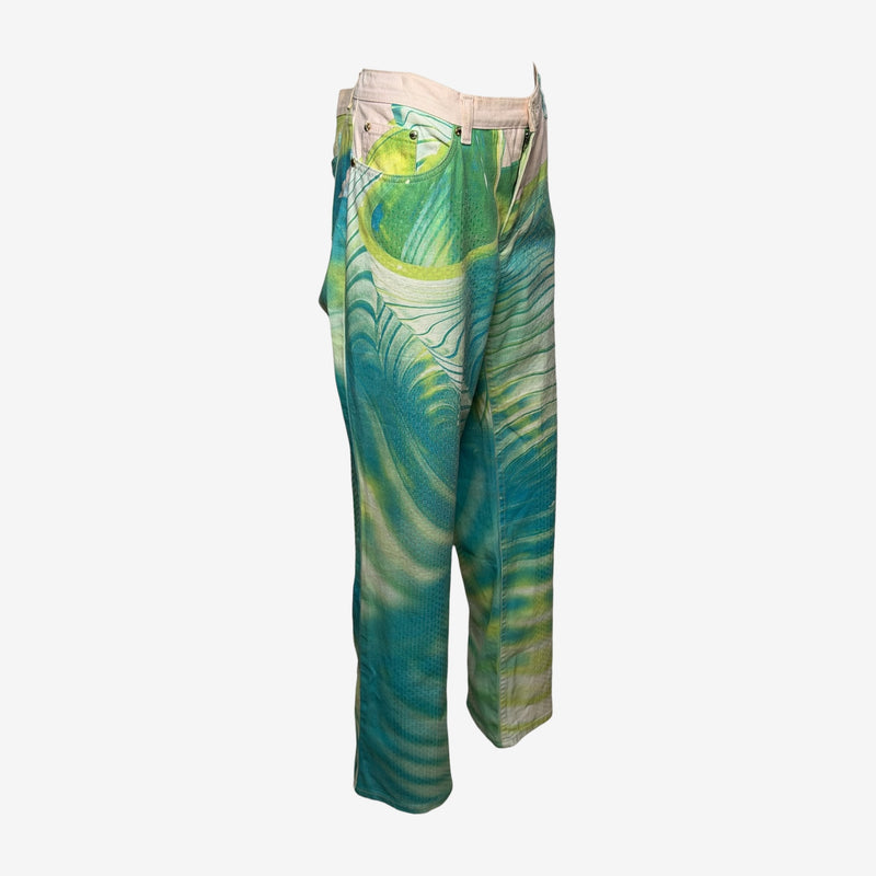 Roberto Cavalli S/S 2001 Teal And Lime Optical Illusion Print Straight-Leg Denim Jeans