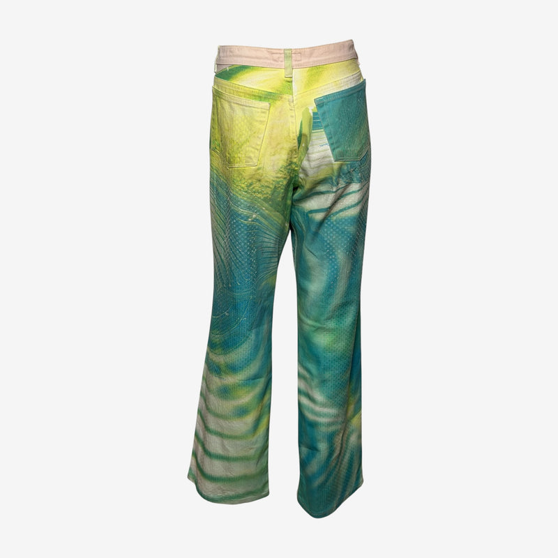 Roberto Cavalli S/S 2001 Teal And Lime Optical Illusion Print Straight-Leg Denim Jeans