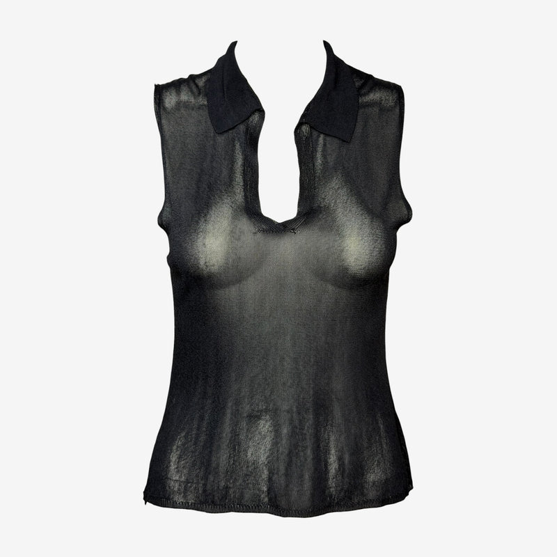 Prada 1990s Black Sheer Fine-Knit Sleeveless Polo Top