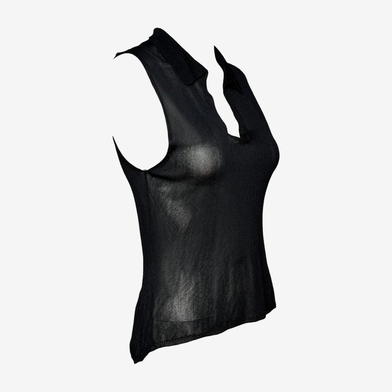 Prada 1990s Black Sheer Fine-Knit Sleeveless Polo Top