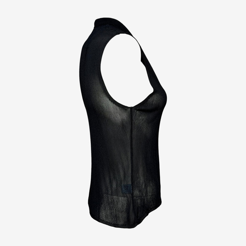 Prada 1990s Black Sheer Fine-Knit Sleeveless Polo Top