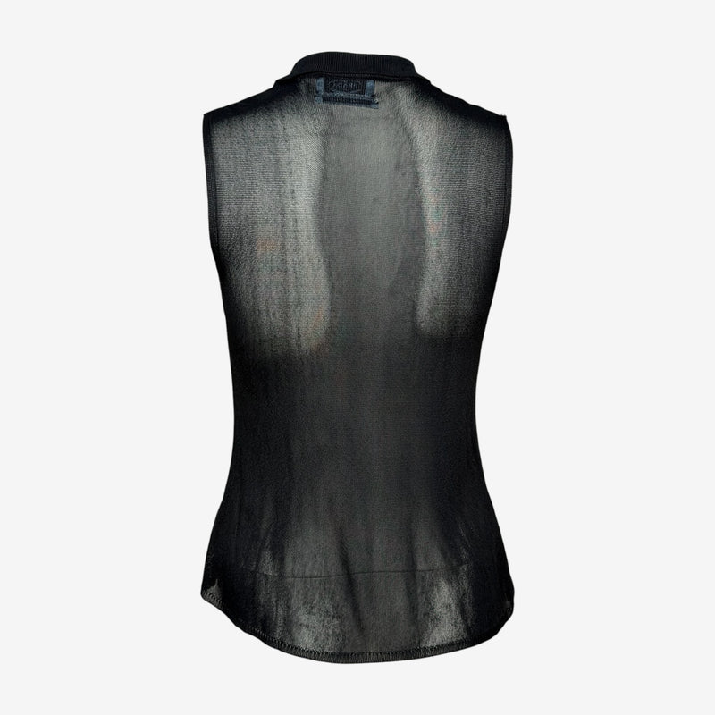 Prada 1990s Black Sheer Fine-Knit Sleeveless Polo Top