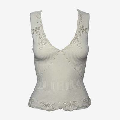 Valentino S/S 2003 White Ribbed-Knit Embroidered Beaded Tank Top