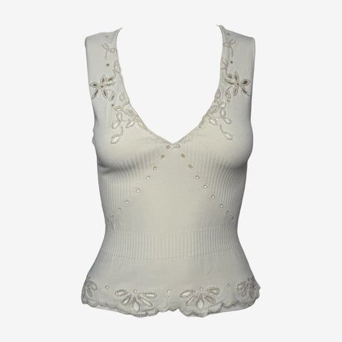 Valentino S/S 2003 White Ribbed-Knit Embroidered Beaded Tank Top