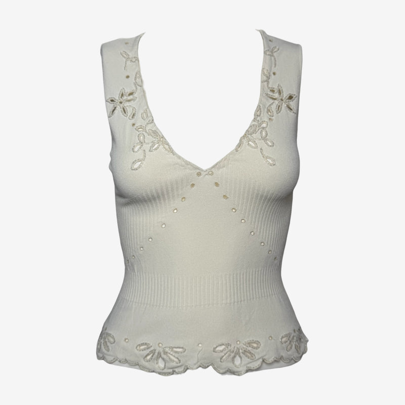 Valentino S/S 2003 White Ribbed-Knit Embroidered Beaded Tank Top
