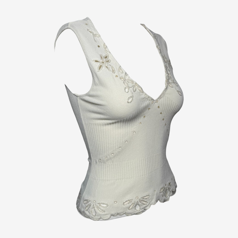 Valentino S/S 2003 White Ribbed-Knit Embroidered Beaded Tank Top