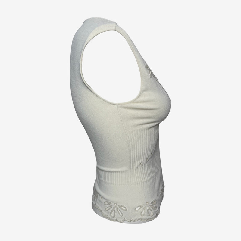 Valentino S/S 2003 White Ribbed-Knit Embroidered Beaded Tank Top