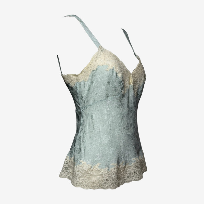 Christian Dior by John Galliano S/S 1999 Pale Blue Rose-Jacquard Lace-Trimmed Camisole Top