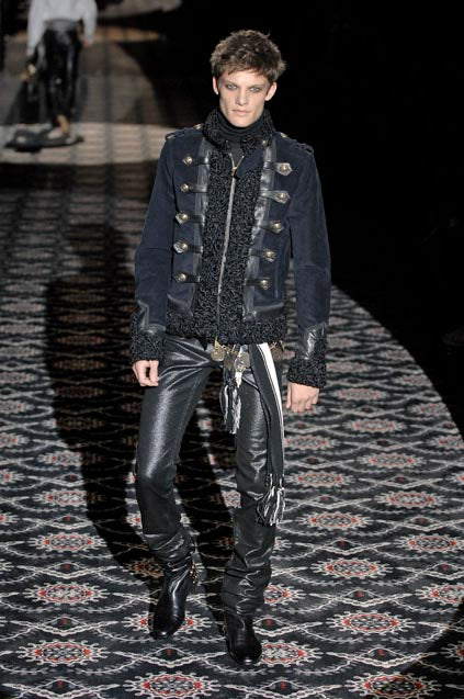 Gucci military jacket front view, leather straps and antique brass buttons