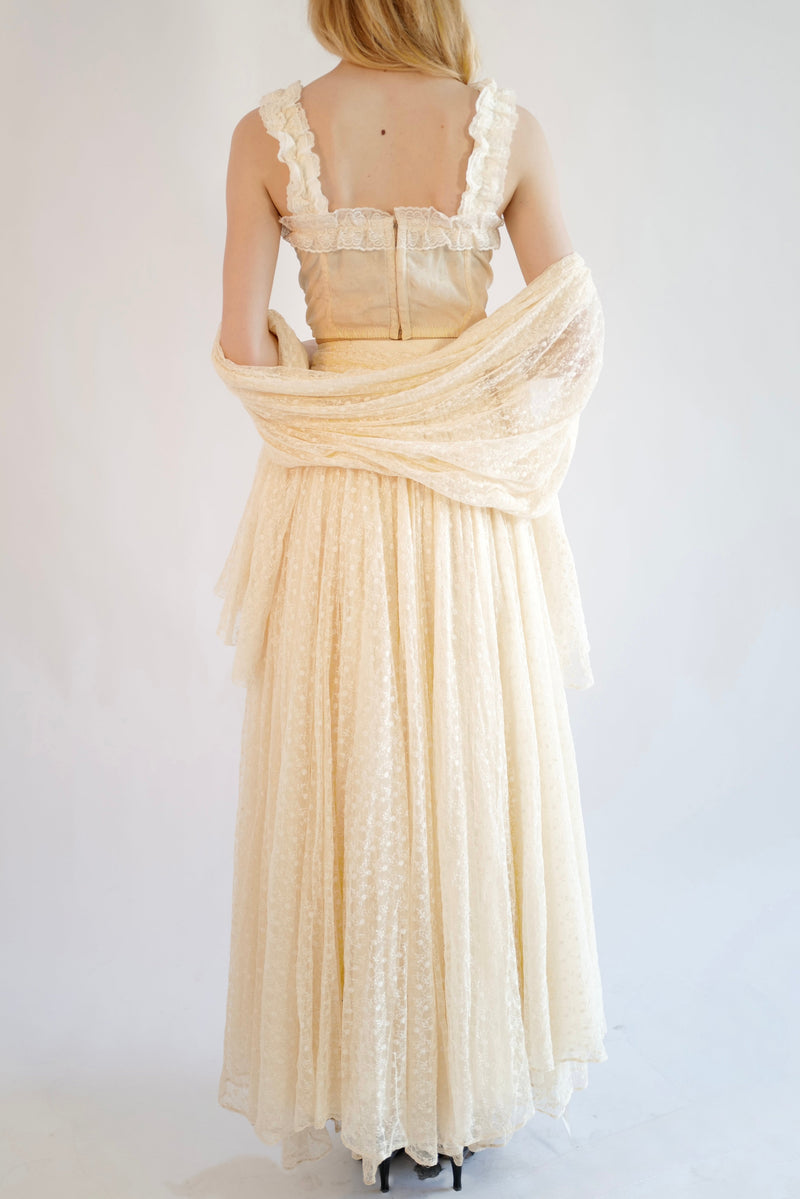 Dolce & Gabbana F/W 1993 Cream Lace Corset Bustier, Full-Length Skirt And Shawl Ensemble