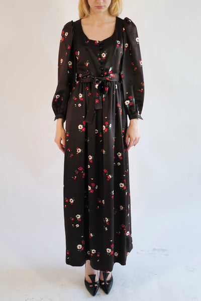 Saint Laurent Rive Gauche F/W 1974 Dark Brown Floral-Print Satin Maxi Dress