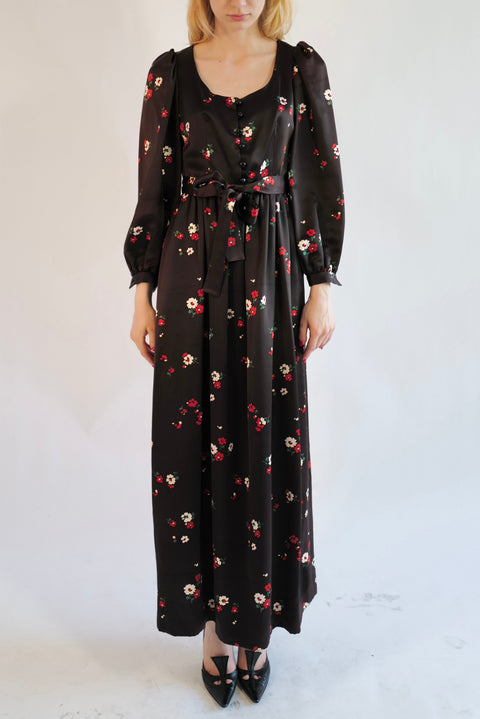 Saint Laurent Rive Gauche F/W 1974 Dark Brown Floral-Print Satin Maxi Dress