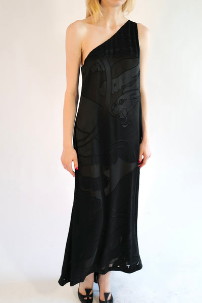 Valentino F/W 2001 Black Panther Satin One Shoulder Gown