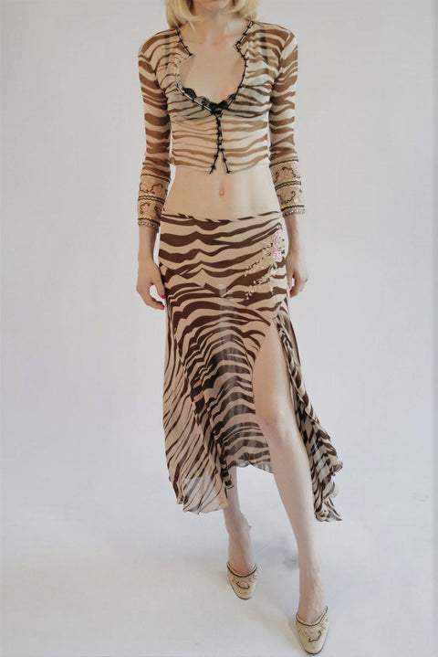 Blumarine S/S 2000 Zebra Print Mesh Cardigan, Asymmetric Skirt and Embellished Mules Ensemble