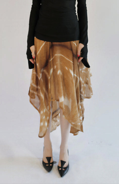 Yves Saint Laurent by Tom Ford S/S 2002 Fawn-Print Sheer Handkerchief-Hem Midi Skirt