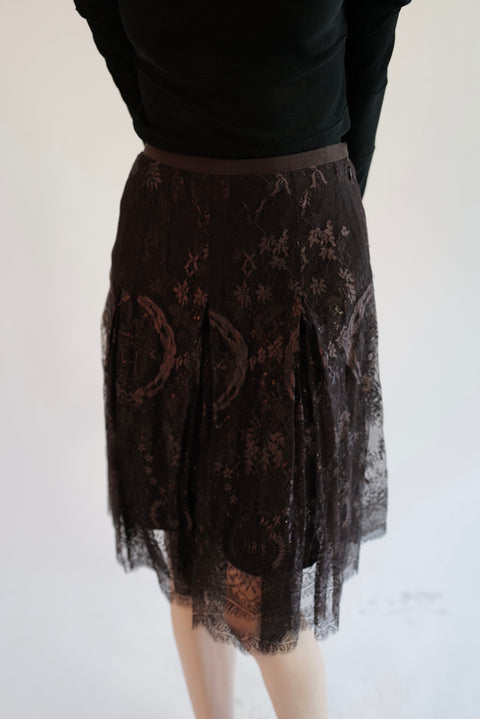 Hermès by Jean Paul Gaultier F/W 2006 Dark Brown Pleated Lace Midi Skirt
