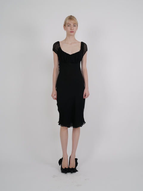 Gucci by Tom Ford S/S 2000 Black Ruched Sheer-Bodice Midi Dress