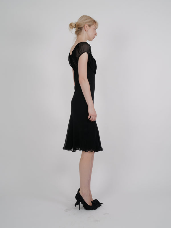 Gucci by Tom Ford S/S 2000 Black Ruched Sheer-Bodice Midi Dress
